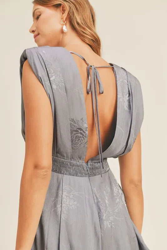 MABLE draped romper back detail with tie strings, blue-gray pleated shoulder pads