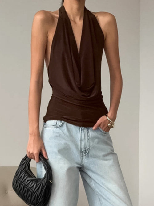Brown backless halter cowl neck cami top with draped cowl front