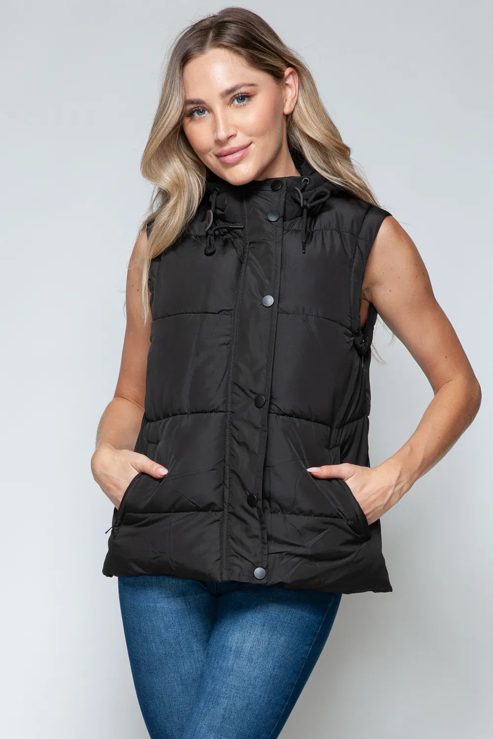 Black zip-front hooded puffer vest with drawstring and two chest pockets
