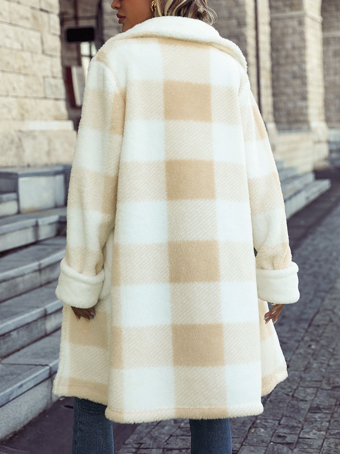 Plaid button-down coat, beige-and-cream check, back view, long sleeves
