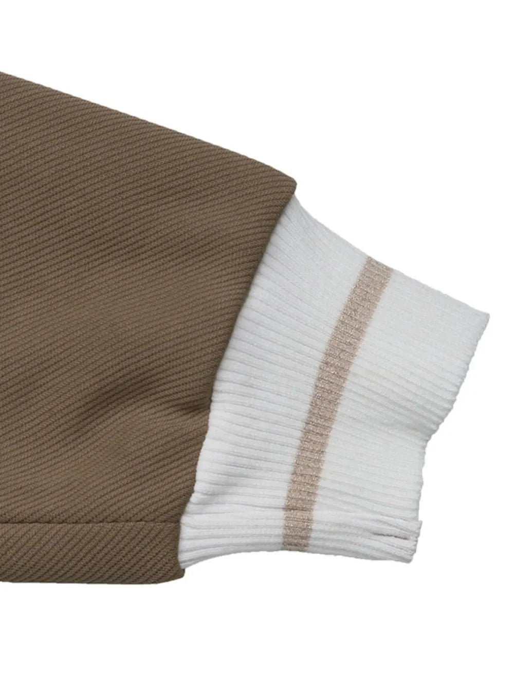Taupe jacket hem with white ribbed cuff stripe detail