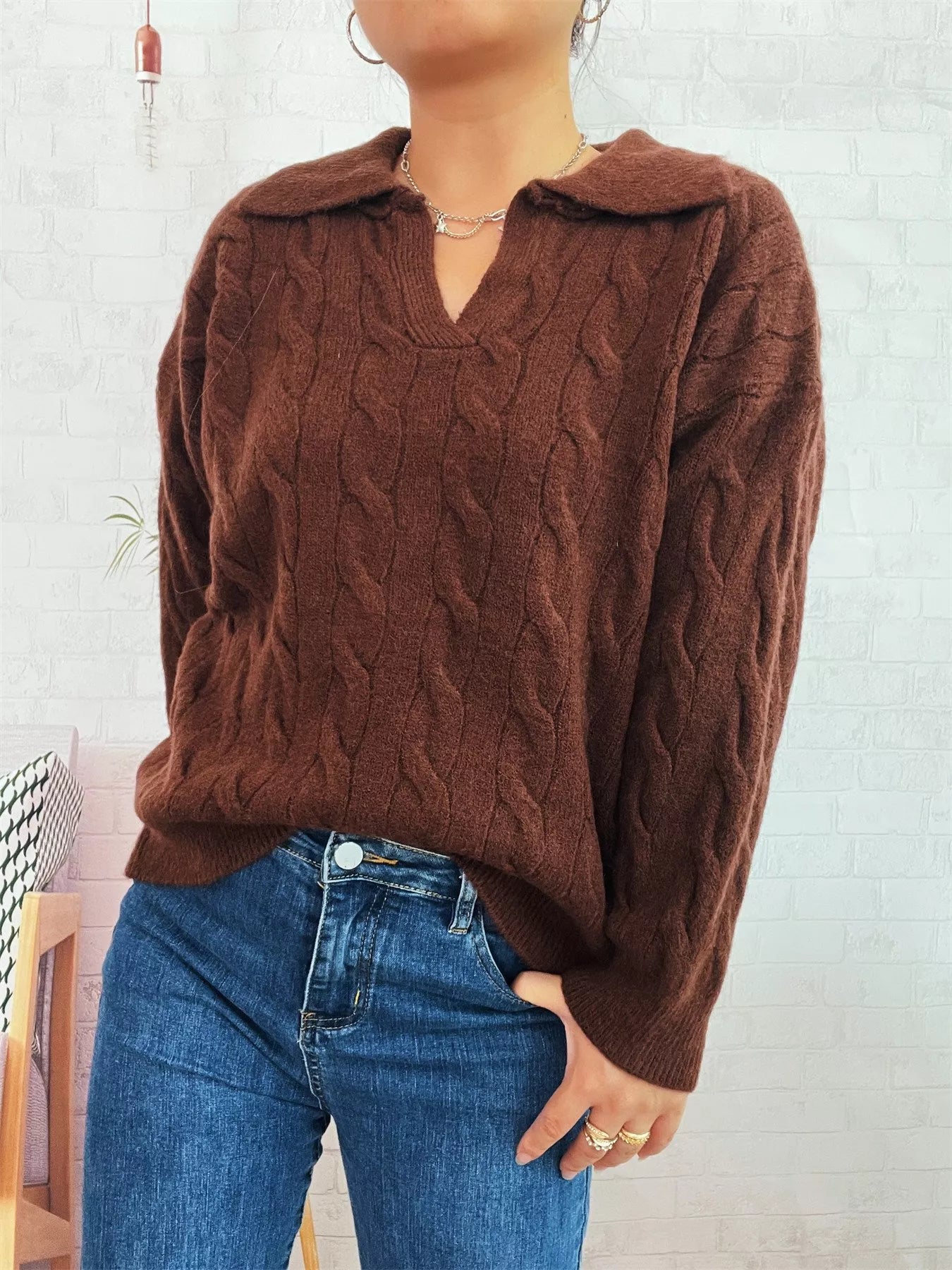 Cable knit Johnny collar sweater, dark brown cable pattern with relaxed V-neck and long sleeves