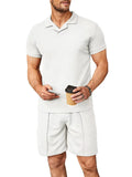 Men's plus size short-sleeve top and shorts set, white polo and matching shorts
