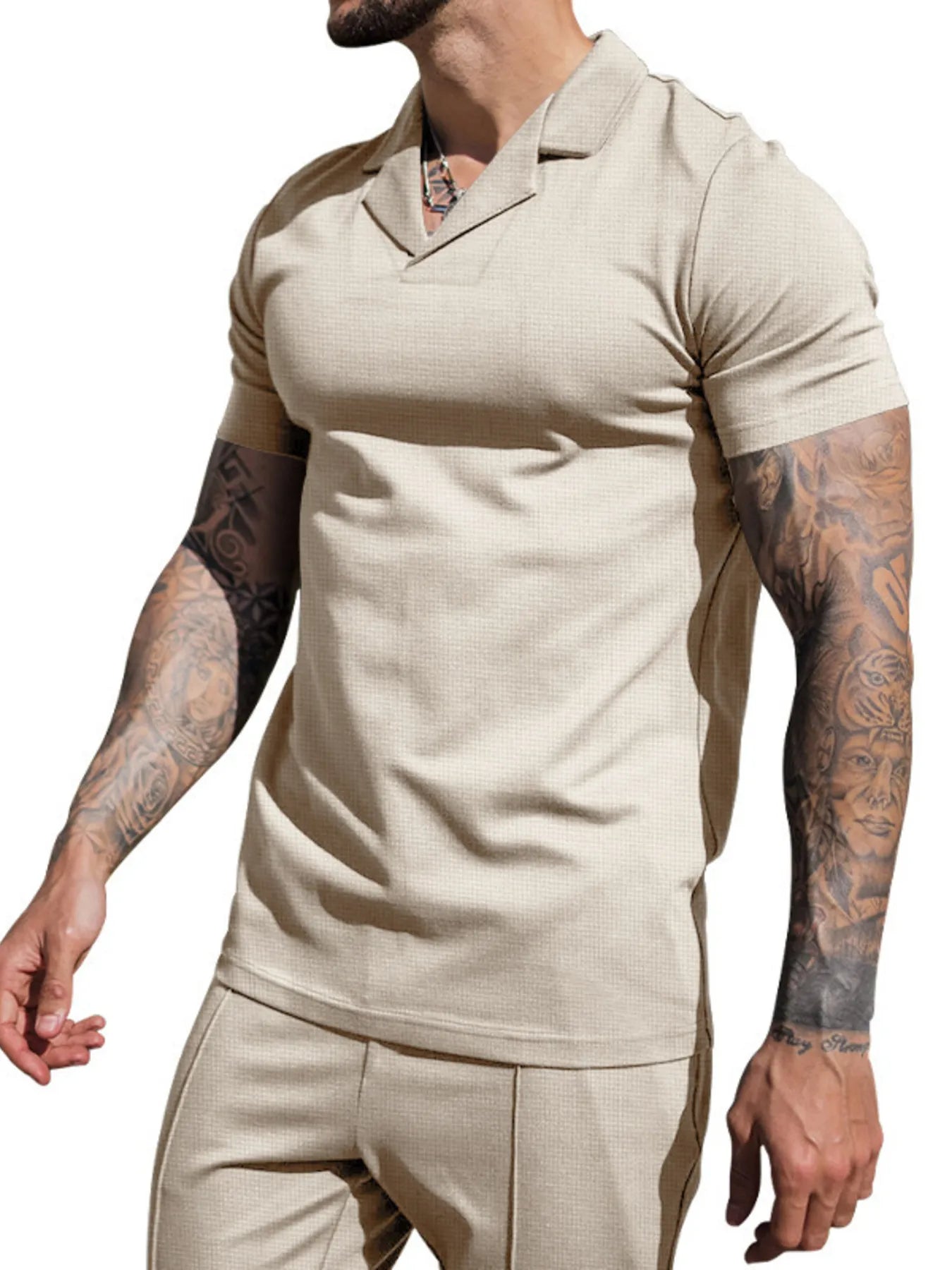 Men's plus size short-sleeve top and shorts set, khaki polo and matching shorts