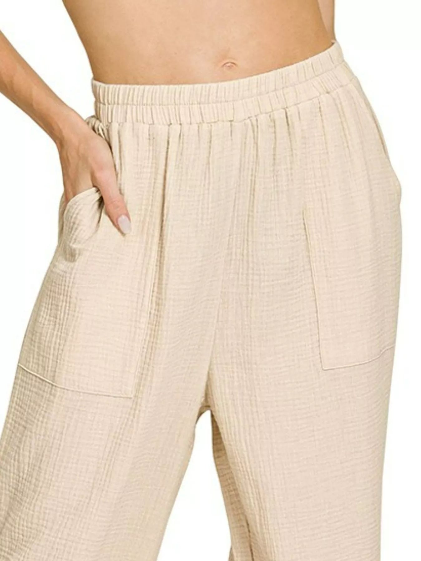 Sand beige double gauze pants with elastic waistband and large side pocket