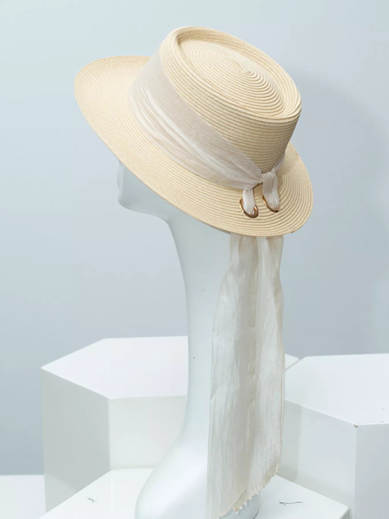 Cedar & Moore Ribbon Accent Straw Sun Hat by Trendsi, beige straw with white ribbon and gold rings