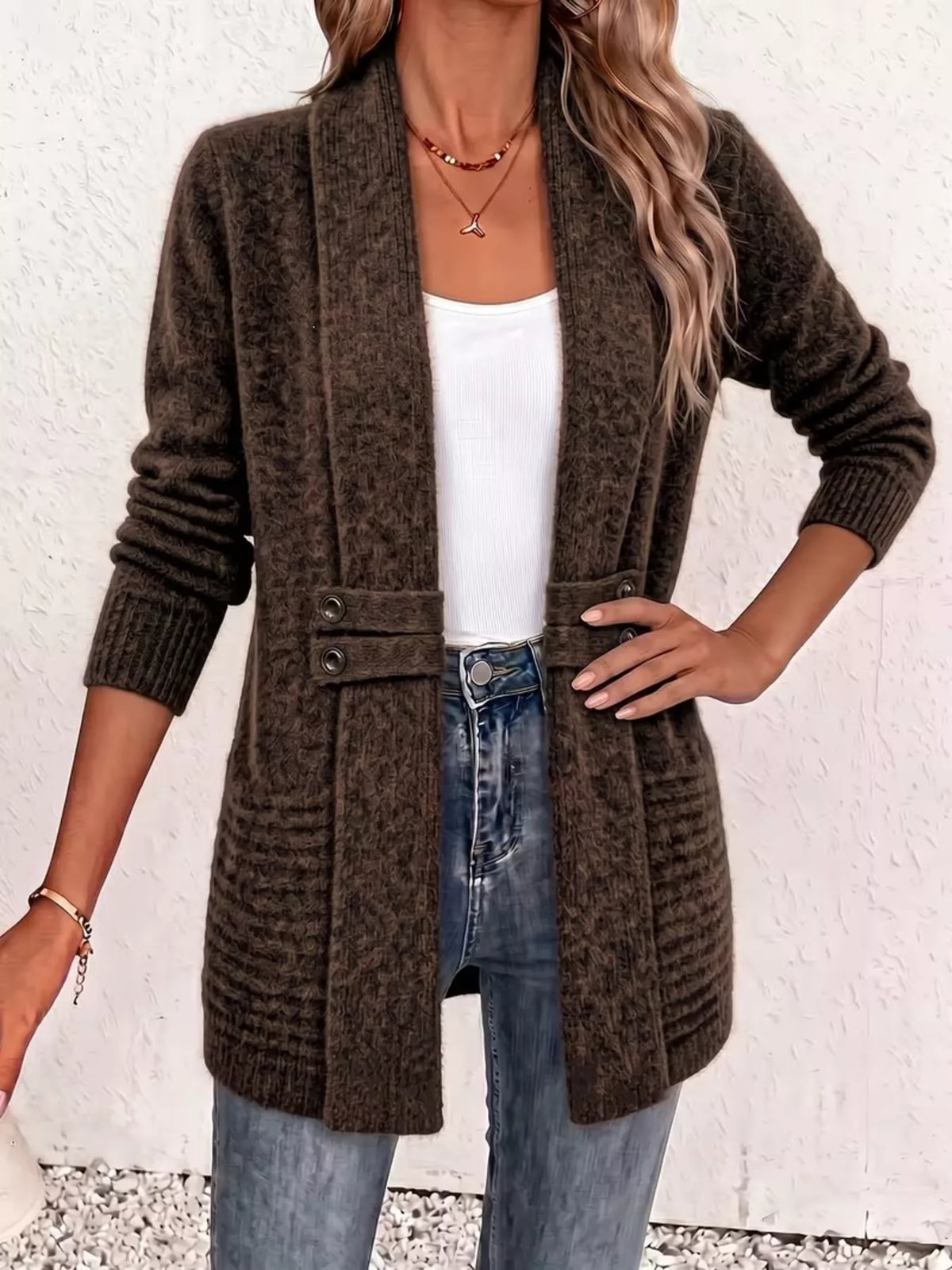 Brown open-front ribbed long-sleeve cardigan with two-button placket and flap pockets
