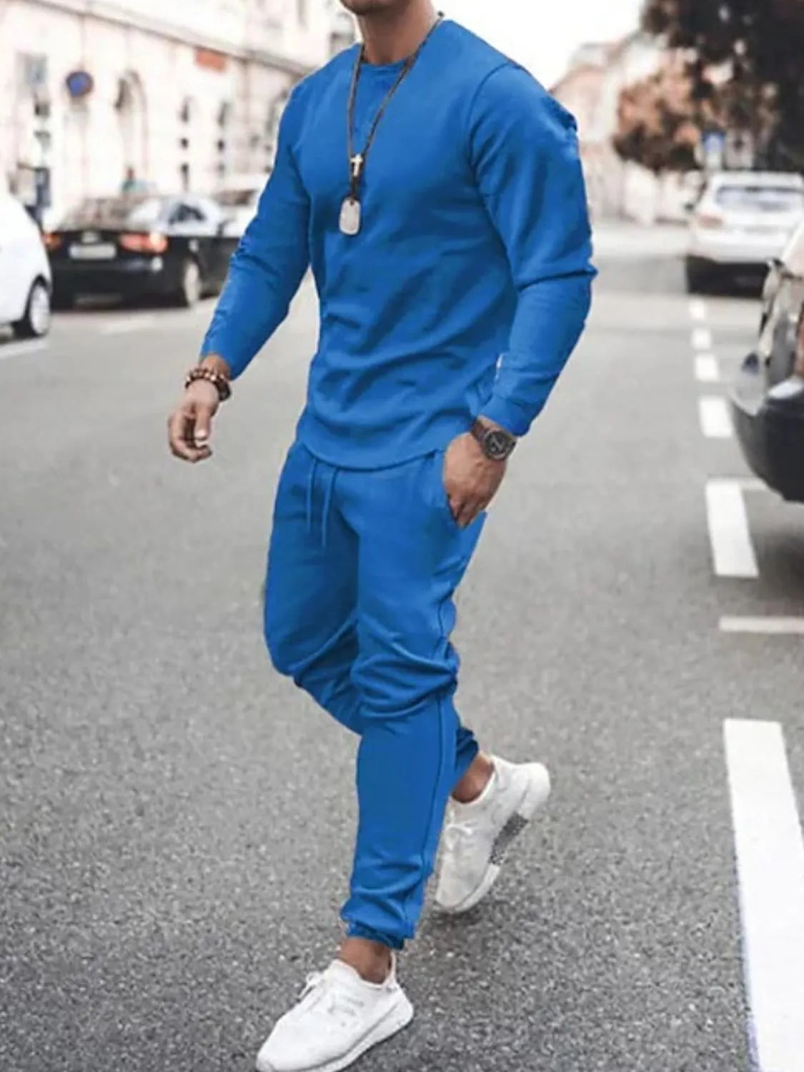 Men's long-sleeve crew-neck top and jogger pants set, royal blue