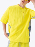 Men's contrast round-neck short-sleeve t-shirt, lemon yellow with button placket