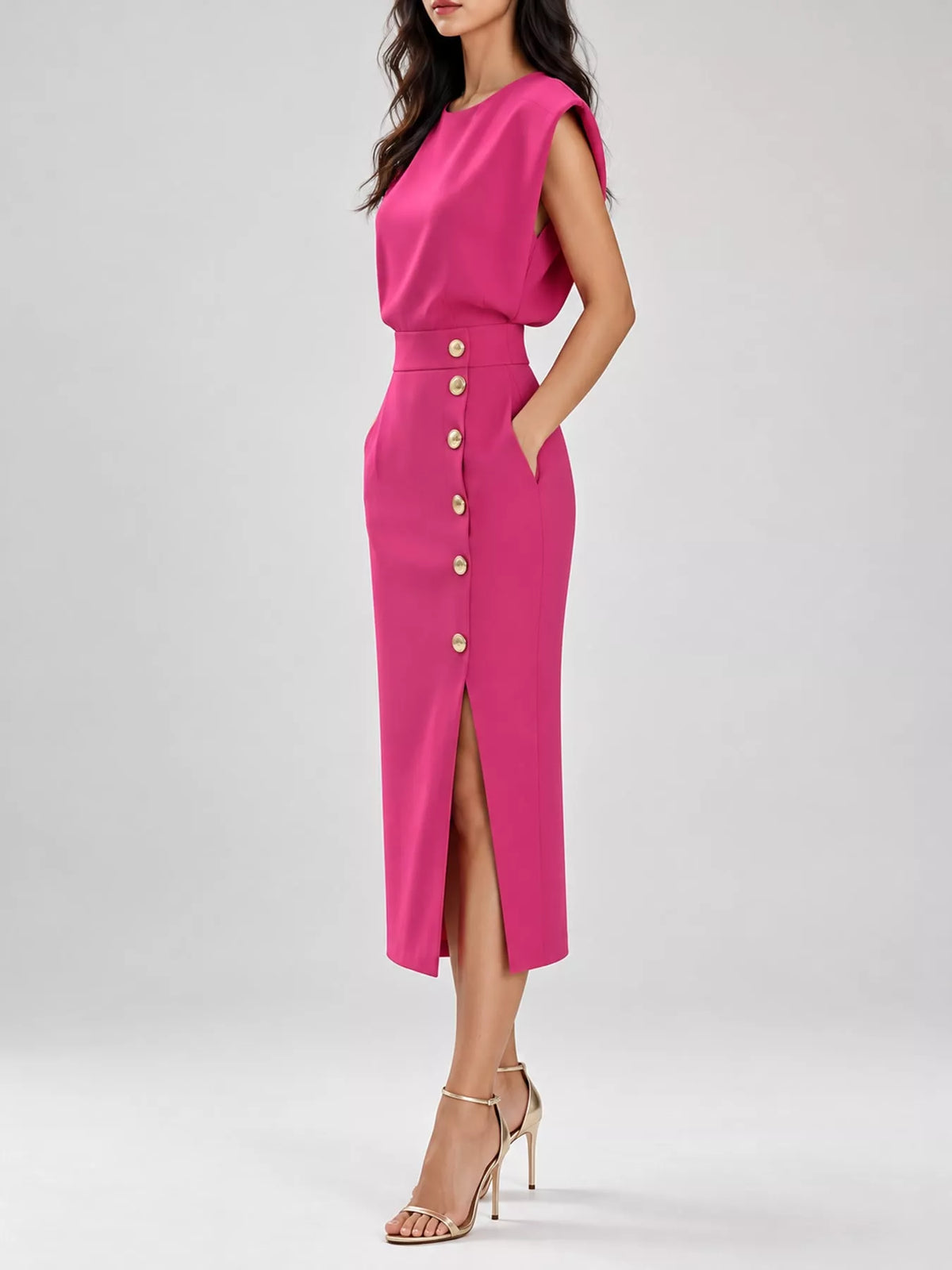 Pink sleeveless midi dress with gold button front and side slit