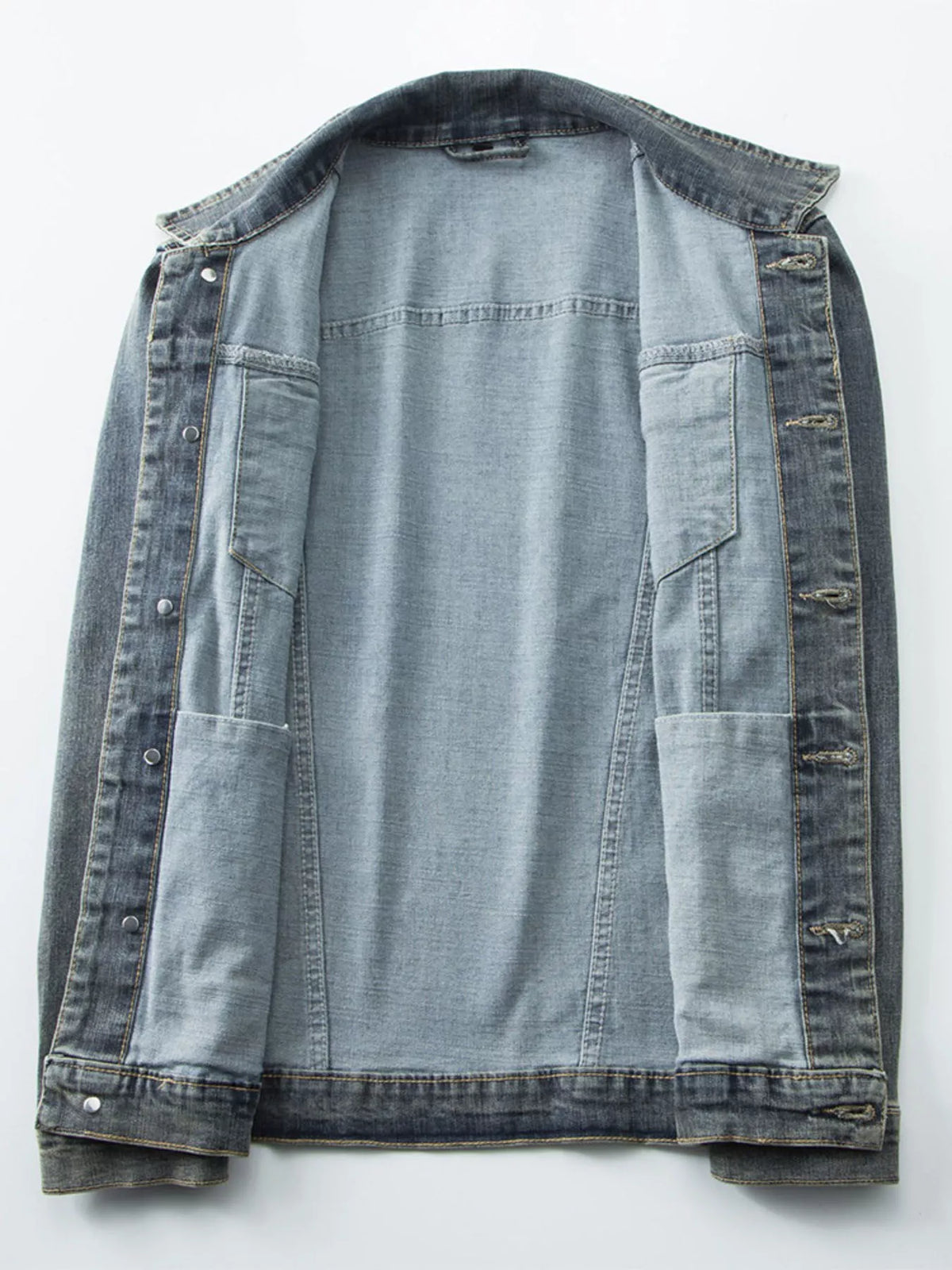 Men's denim jacket front view with button closure and patch pockets
