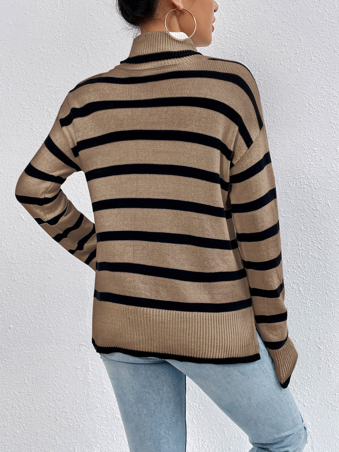 Camel and black striped turtleneck sweater, long sleeves and drop-shoulder fit