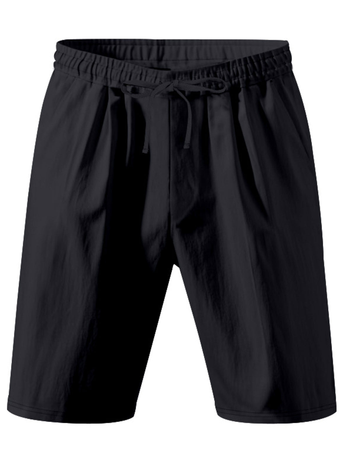 Black men’s lightweight drawstring shorts with elastic waistband and loose legs.