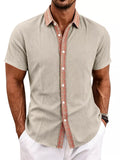 Khaki men’s short sleeve cotton stretch shirt with patterned button placket