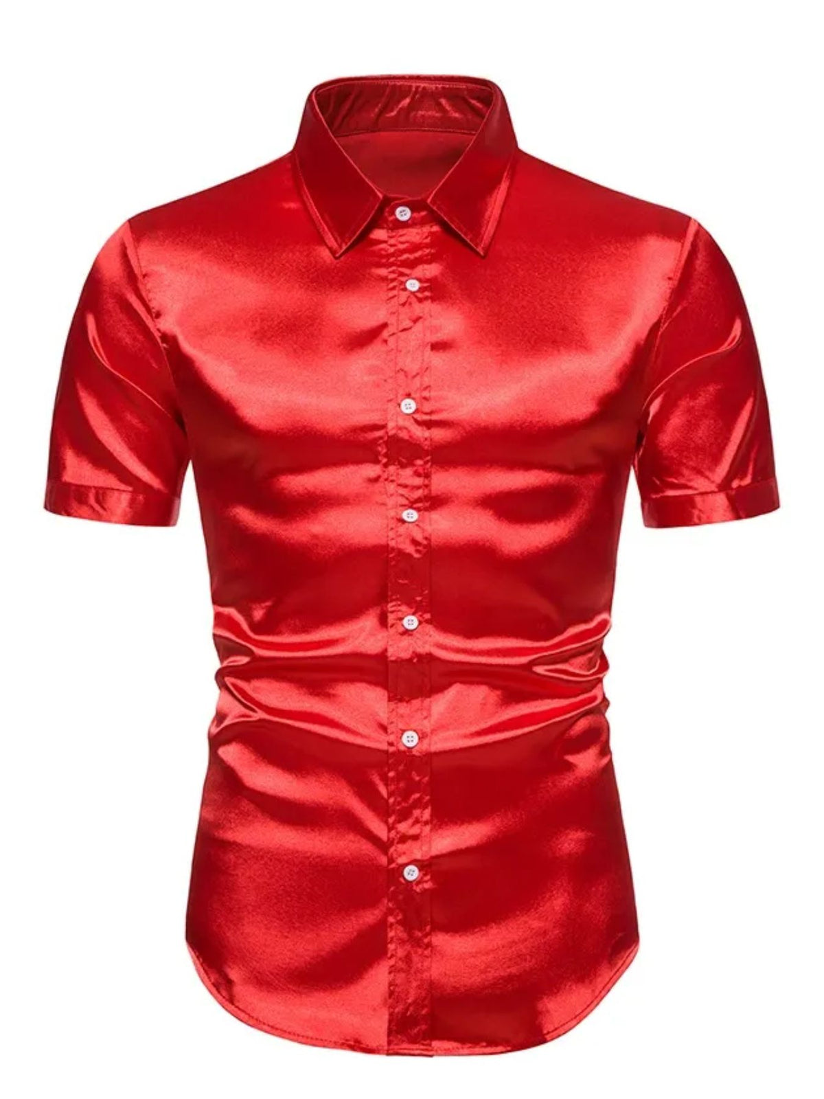 Red satin-look short-sleeve button-up shirt with pointed collar and front buttons.