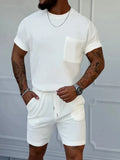 Men's white short-sleeve round-neck top and shorts set with chest pocket