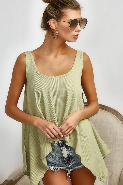 Sage green knit high-low flare tank top with scoop neck, sleeveless