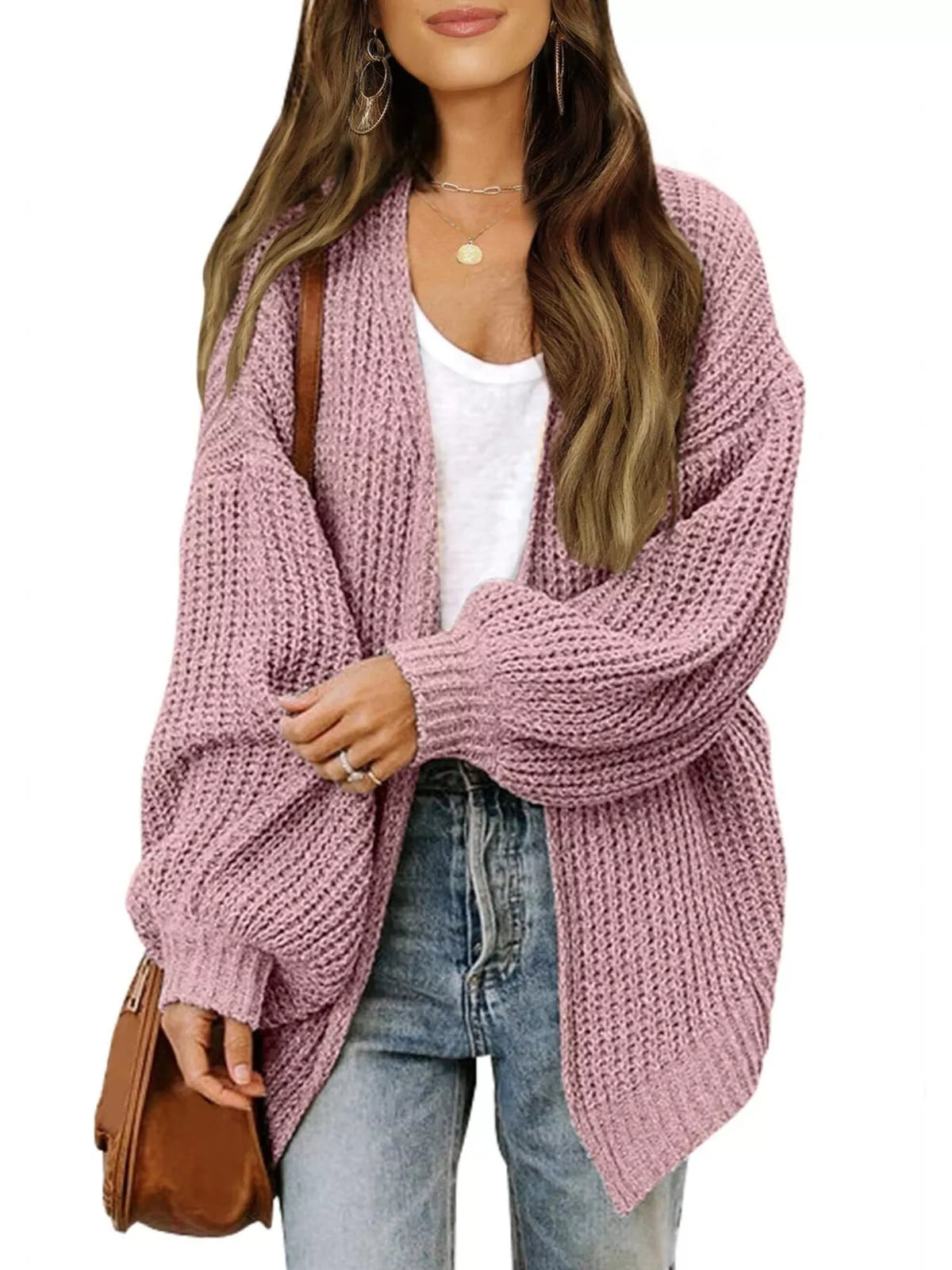 Waffle knit open-front chunky cardigan, mauve pink, long sleeves and open front