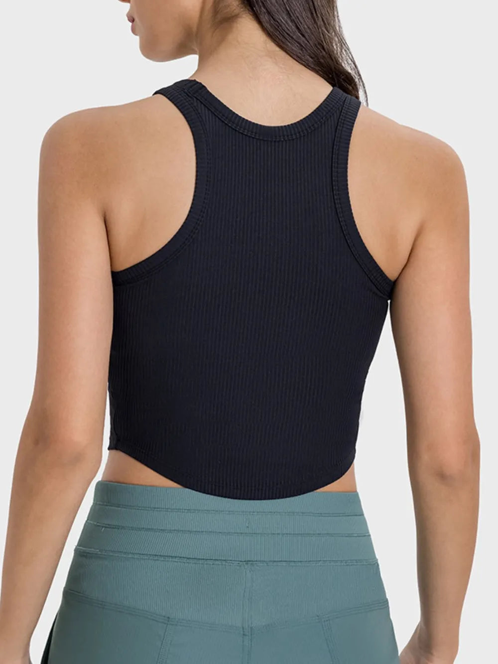 Black ribbed active tank with racerback straps and round neck, back view