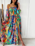 Turquoise multicolor printed off-shoulder maxi dress with long sleeves and side slit