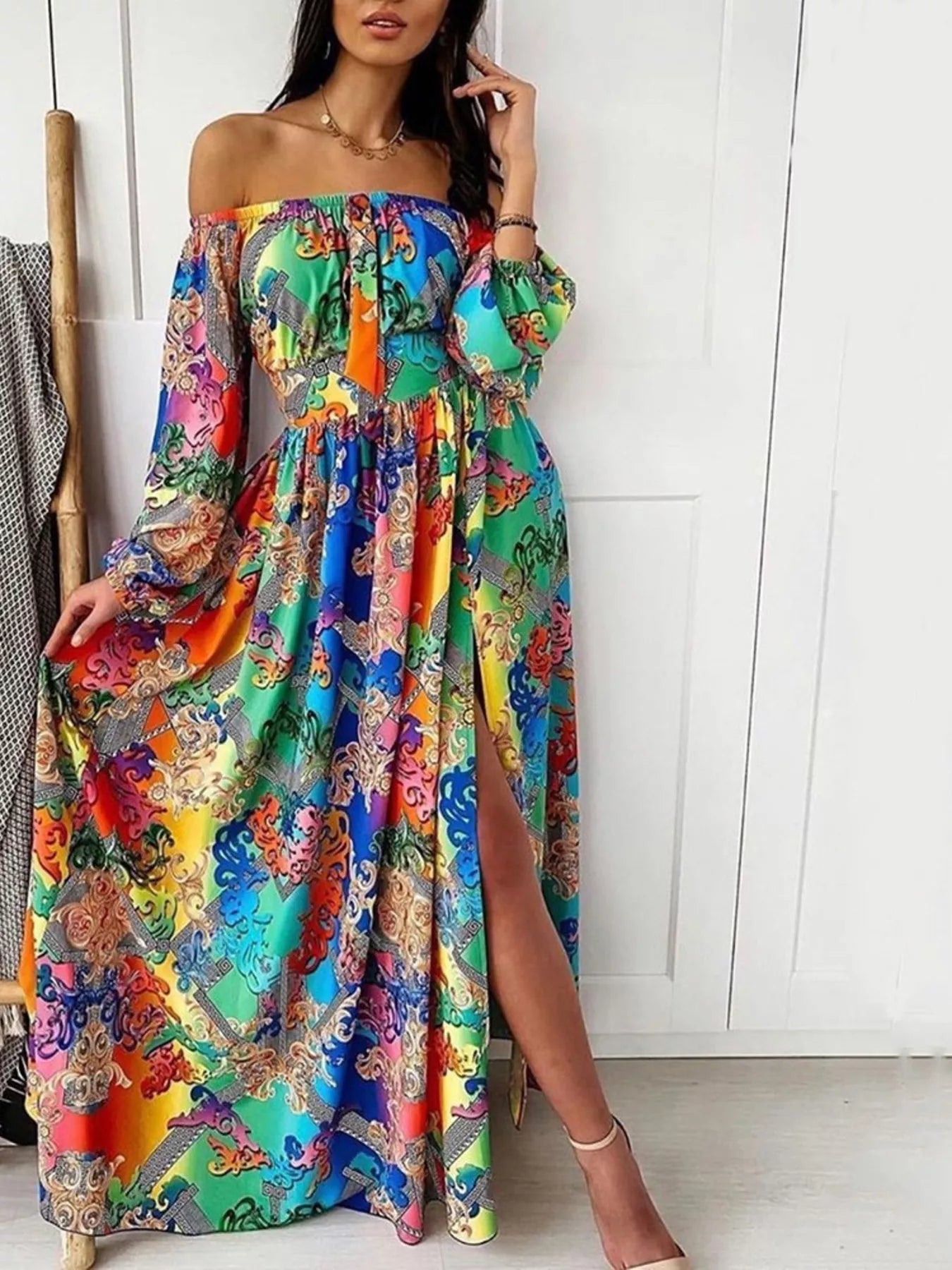 Turquoise multicolor printed off-shoulder maxi dress with long sleeves and side slit