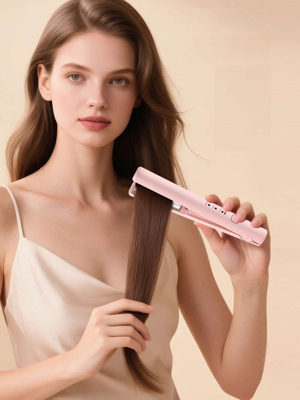 Pink cordless rechargeable mini hair straightener in use on long brown hair