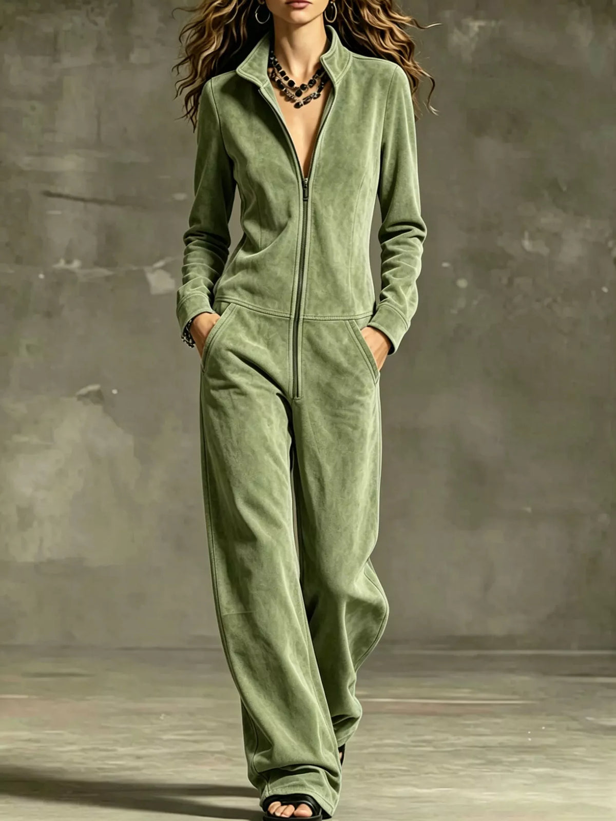 Green velour zip-up jumpsuit with front pockets and long sleeves