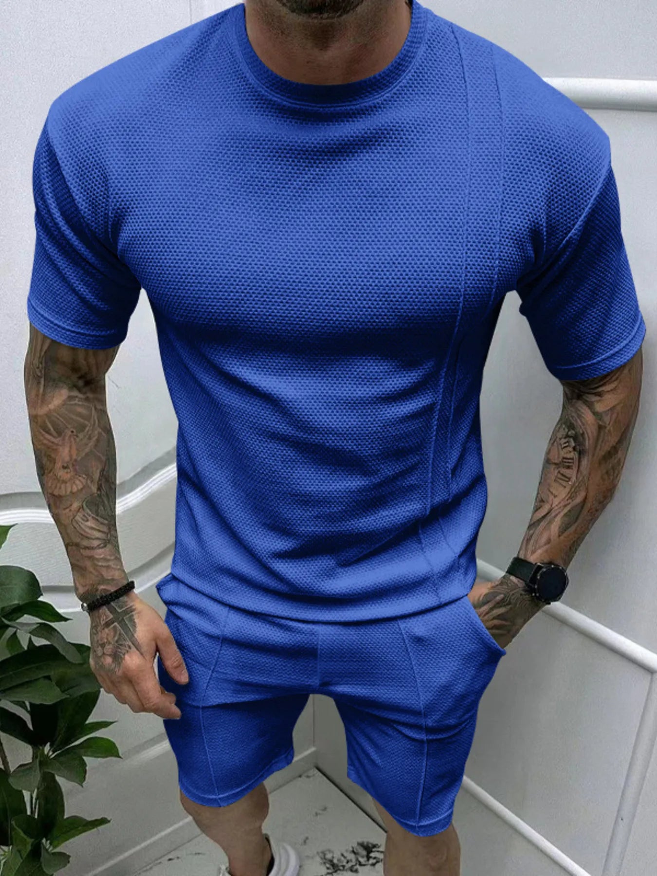 Blue men's round-neck tee and elastic-waist shorts set