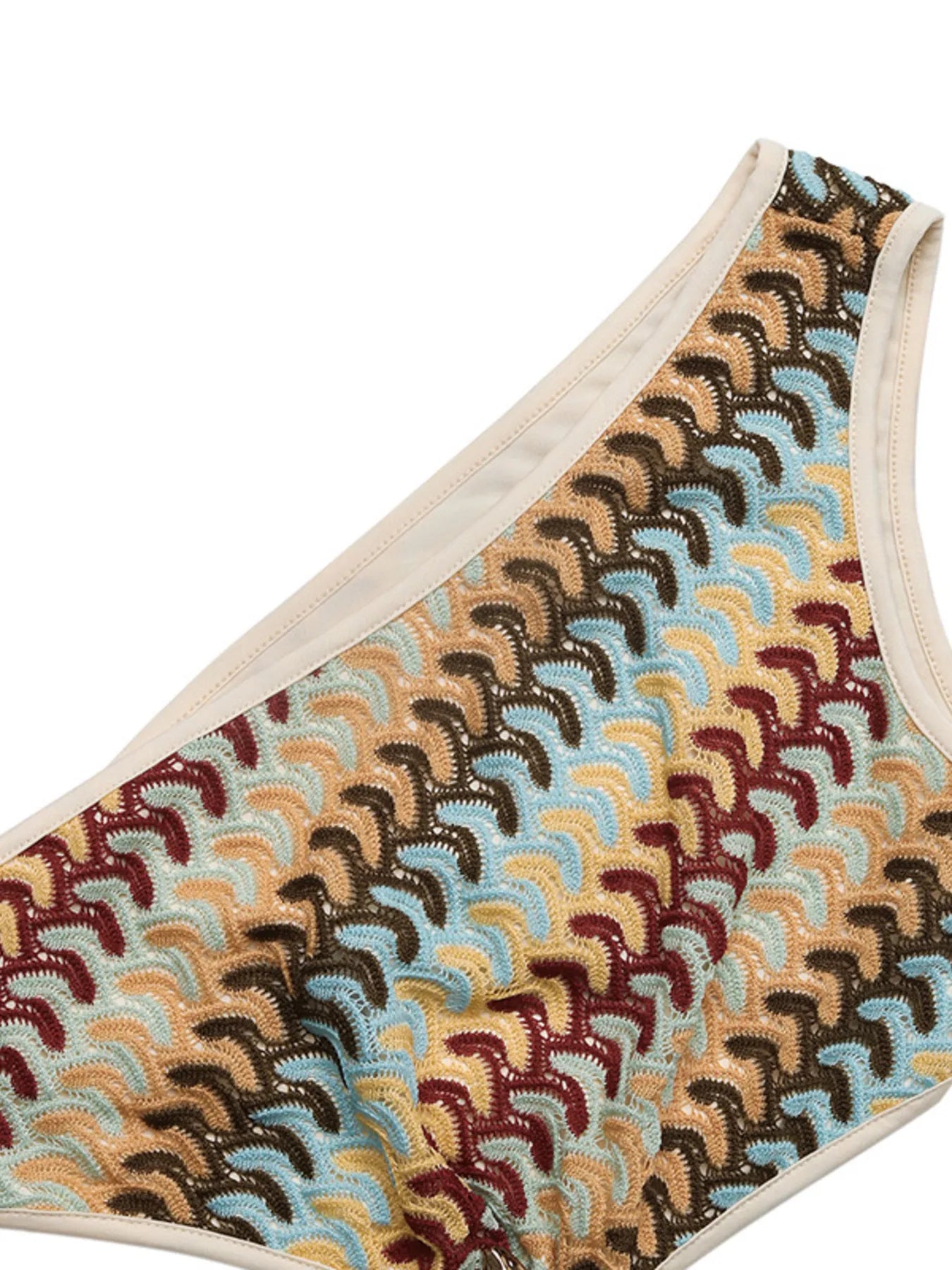 Single Shoulder Cutout Mini Dress with beige trim and embroidered scallop pattern in brown teal tan burgundy