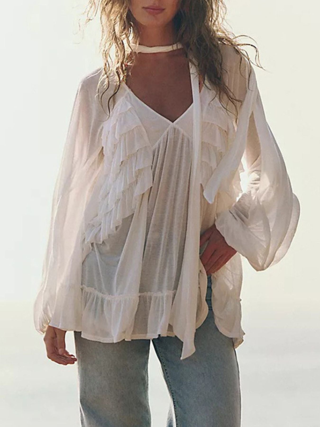 Cedar & Moore Sheer Ruffle Trim Beach Cover-Up in cream, lightweight with long sleeves by Trendsi