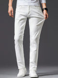White slim-fit stretch cotton jeans with zip fly, belt loops, and five-pocket design