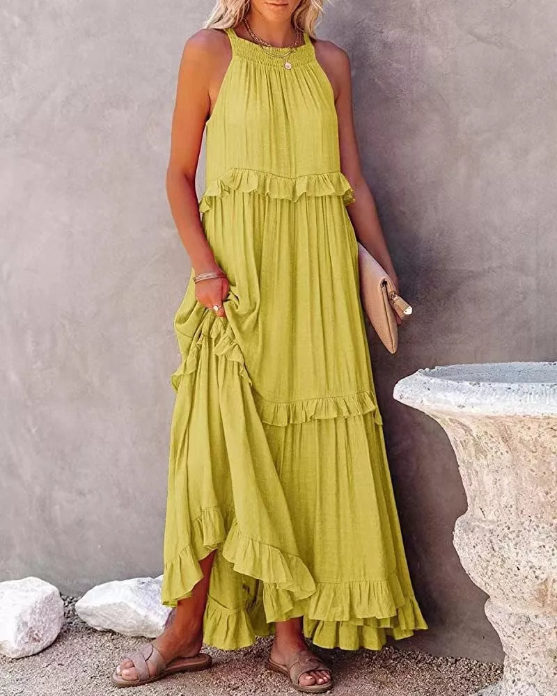 Lime green ruffled tiered sleeveless maxi dress with tiered ruffles and smocked neckline