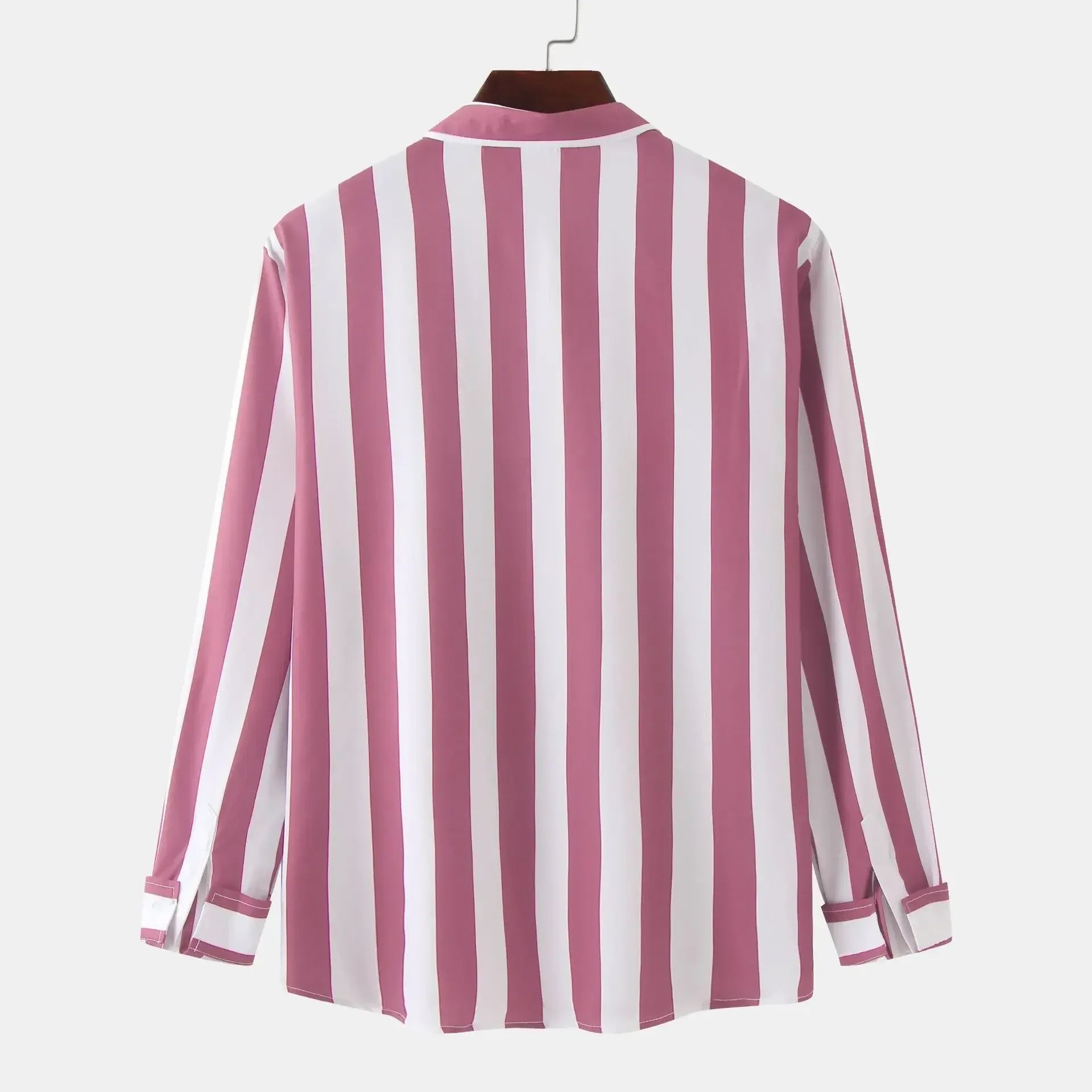 Pink-and-white striped button-down long-sleeve shirt, back view, button front