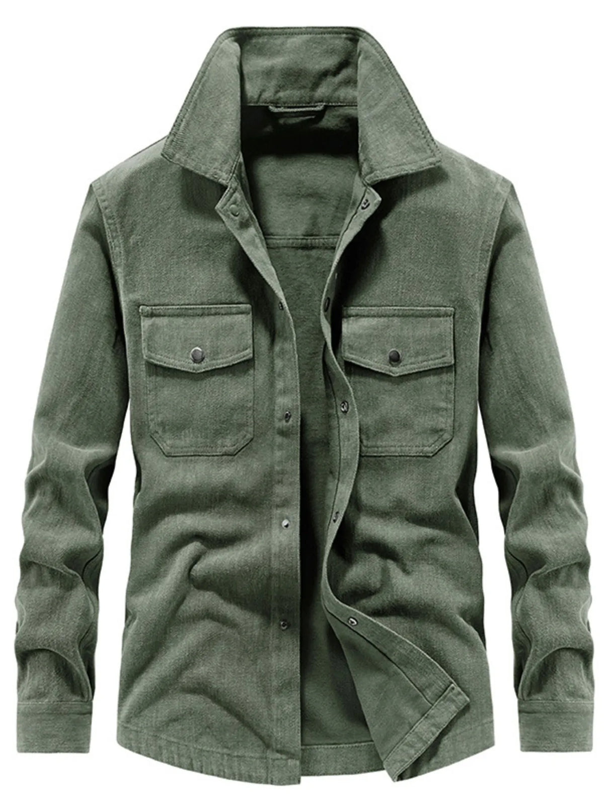 Men's army green cotton shirt jacket front view with dual flap chest pockets
