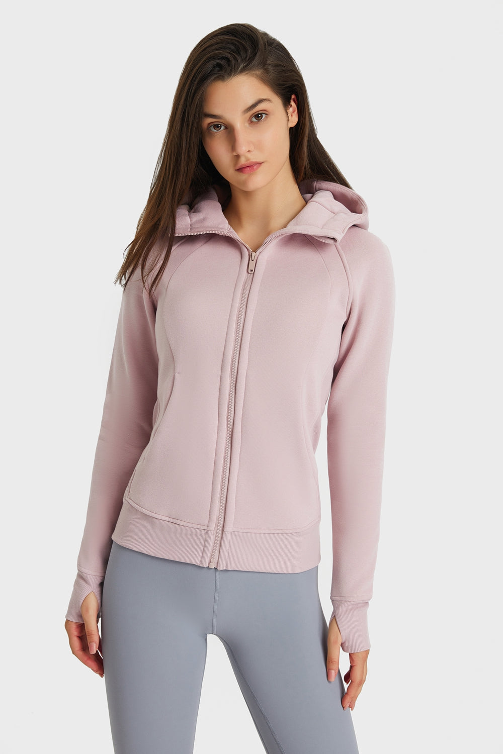 Light pink zip-up hooded sports jacket with full-length front zipper