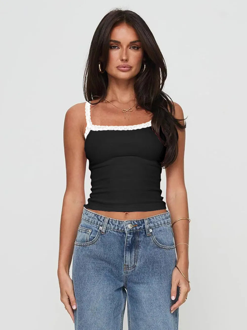 Black cropped lace-trim cami with scalloped neckline and thin straps.