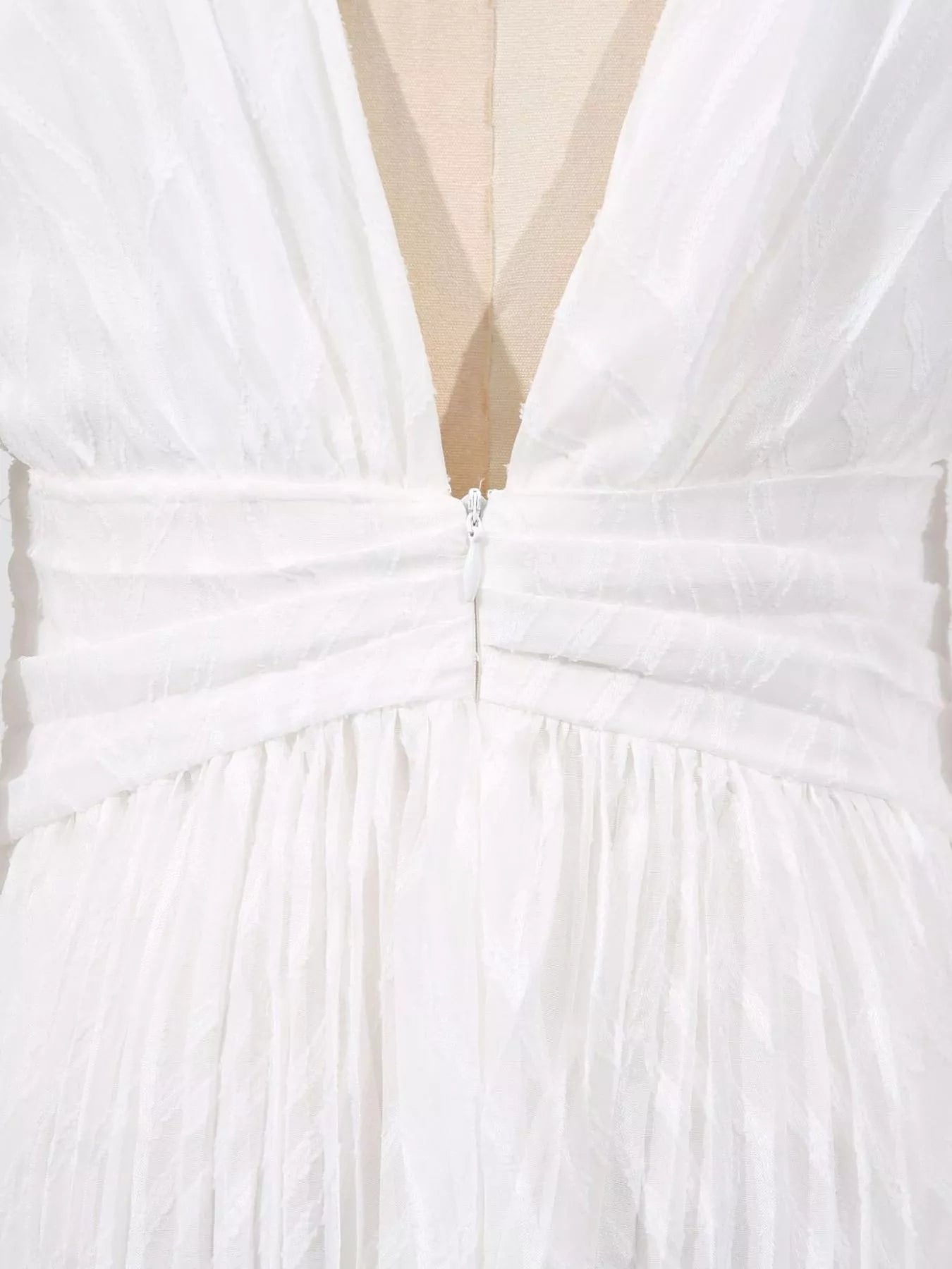 Cedar & Moore V-Neck Long Sleeve Maxi Dress in white with tie detail and back zipper closure for easy wear