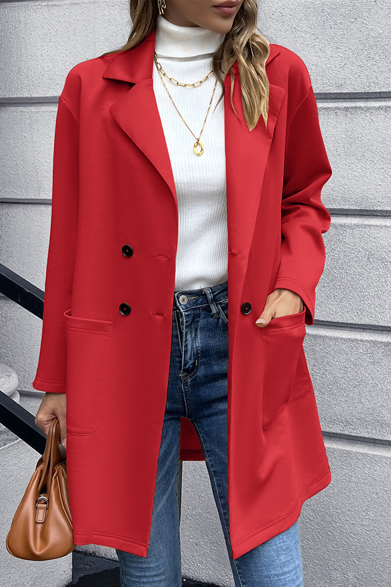 Red double-breasted lapel blazer with long sleeves, chest and side pockets