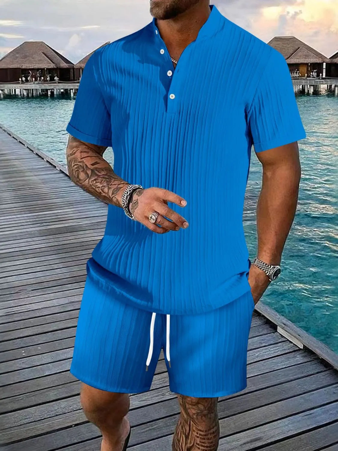 Men's ribbed short sleeve button top and matching drawstring shorts set, bright blue