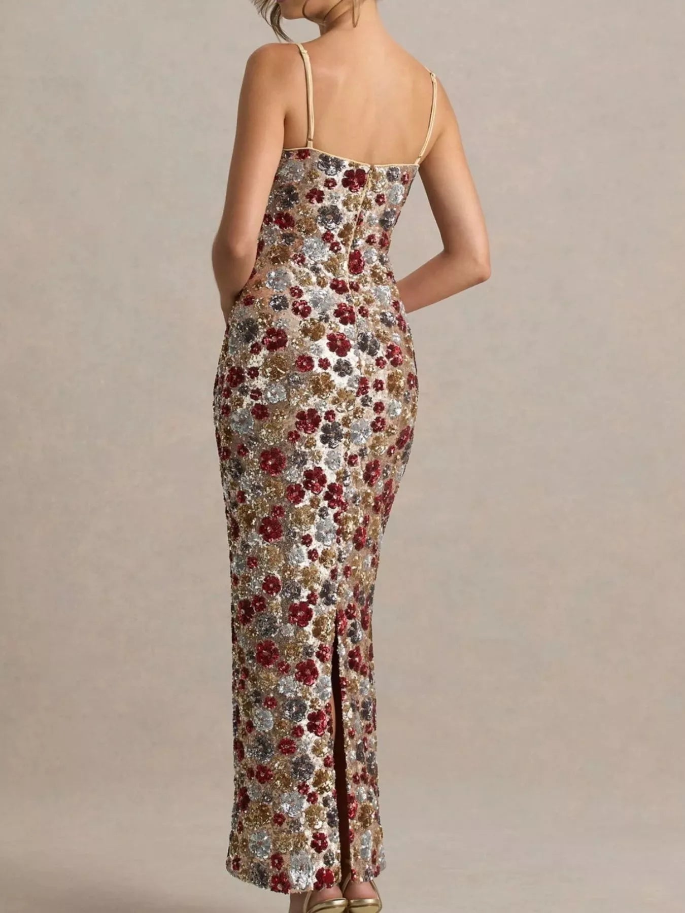 Cedar & Moore Slit floral sequin bodycon maxi dress, back view with slit, gold and silver floral sequins