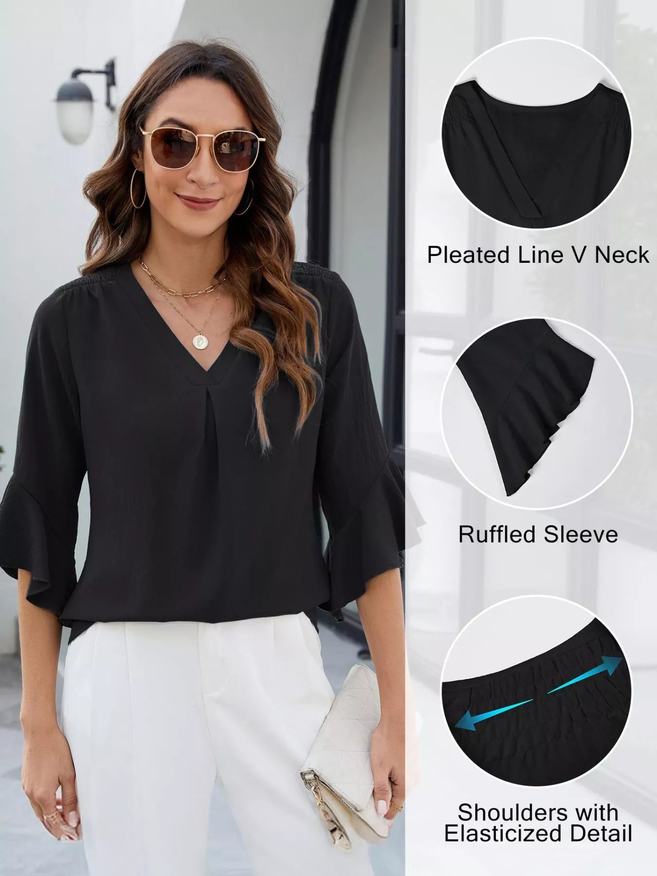 V-Neck Ruffle Sleeve Blouse in black; women's top with pleated V-neck and elasticized shoulders