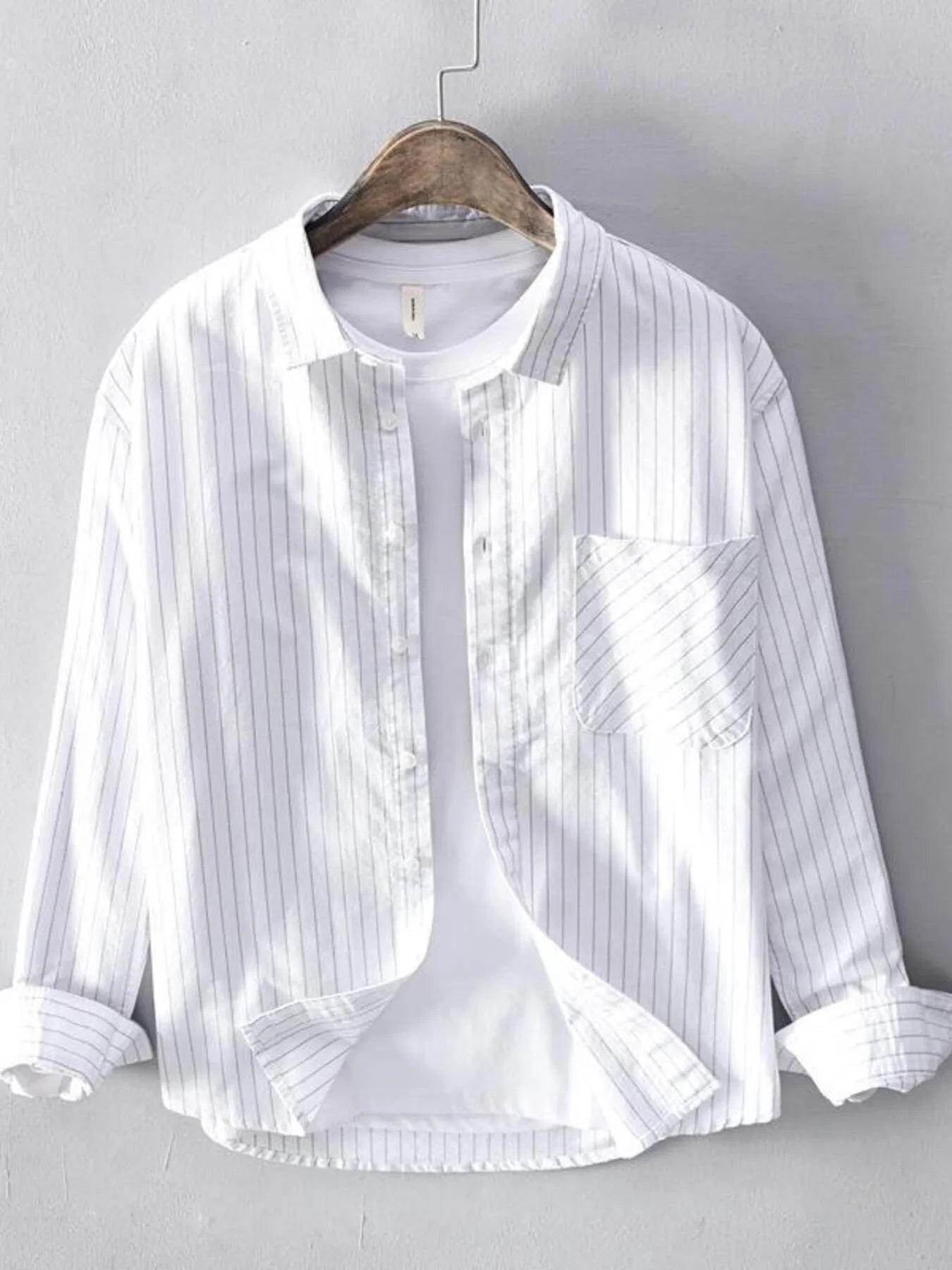 Men's plus size button-up long sleeve shirt, white with vertical stripes and chest pocket