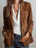 Brown suede slim-fit long-sleeve blazer with lapel, flap pockets, button front