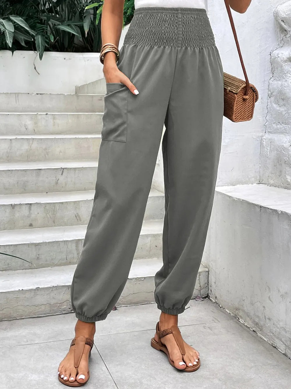 Smocked high-rise joggers with side pockets, gray gathered elastic waist and hems