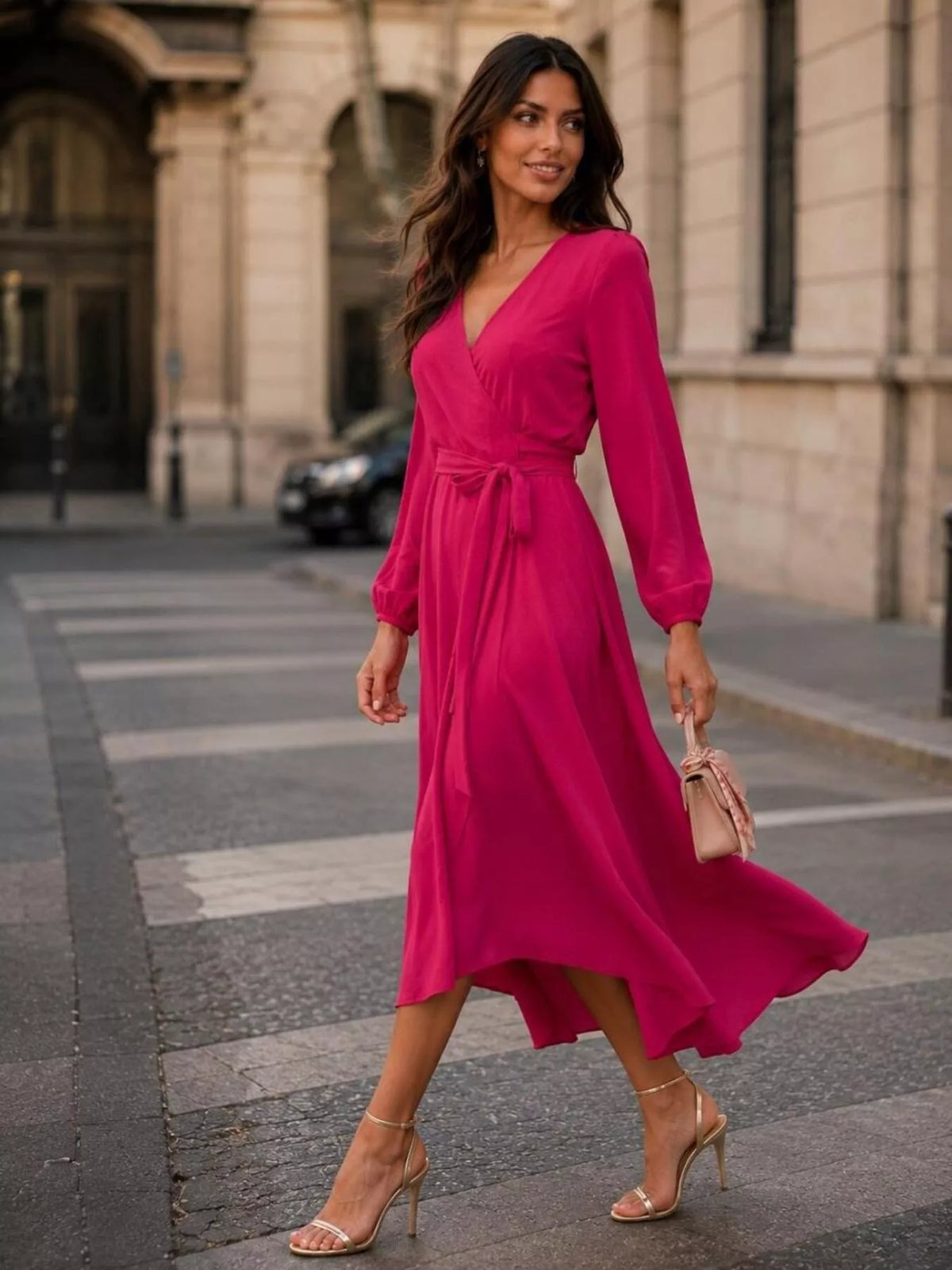 Scarlet long sleeve wrap dress with V-neck and waist tie, high-low asymmetric hem