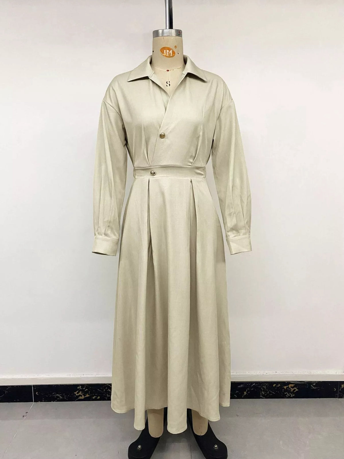 Khaki ruched pleated shirt dress, long sleeves, button-front with waist belt