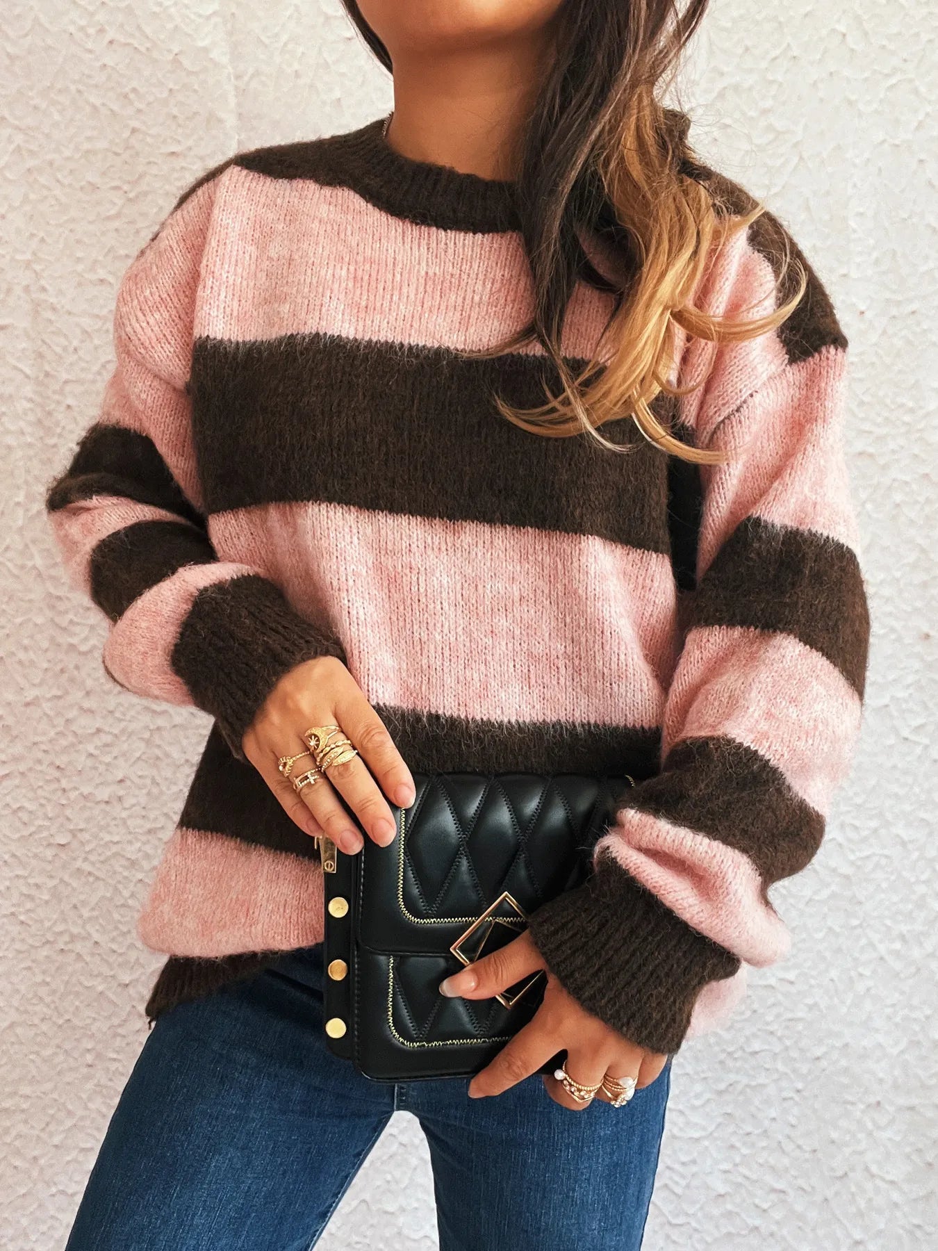 Striped long sleeve sweater, pink and dark brown horizontal stripes with crew neck
