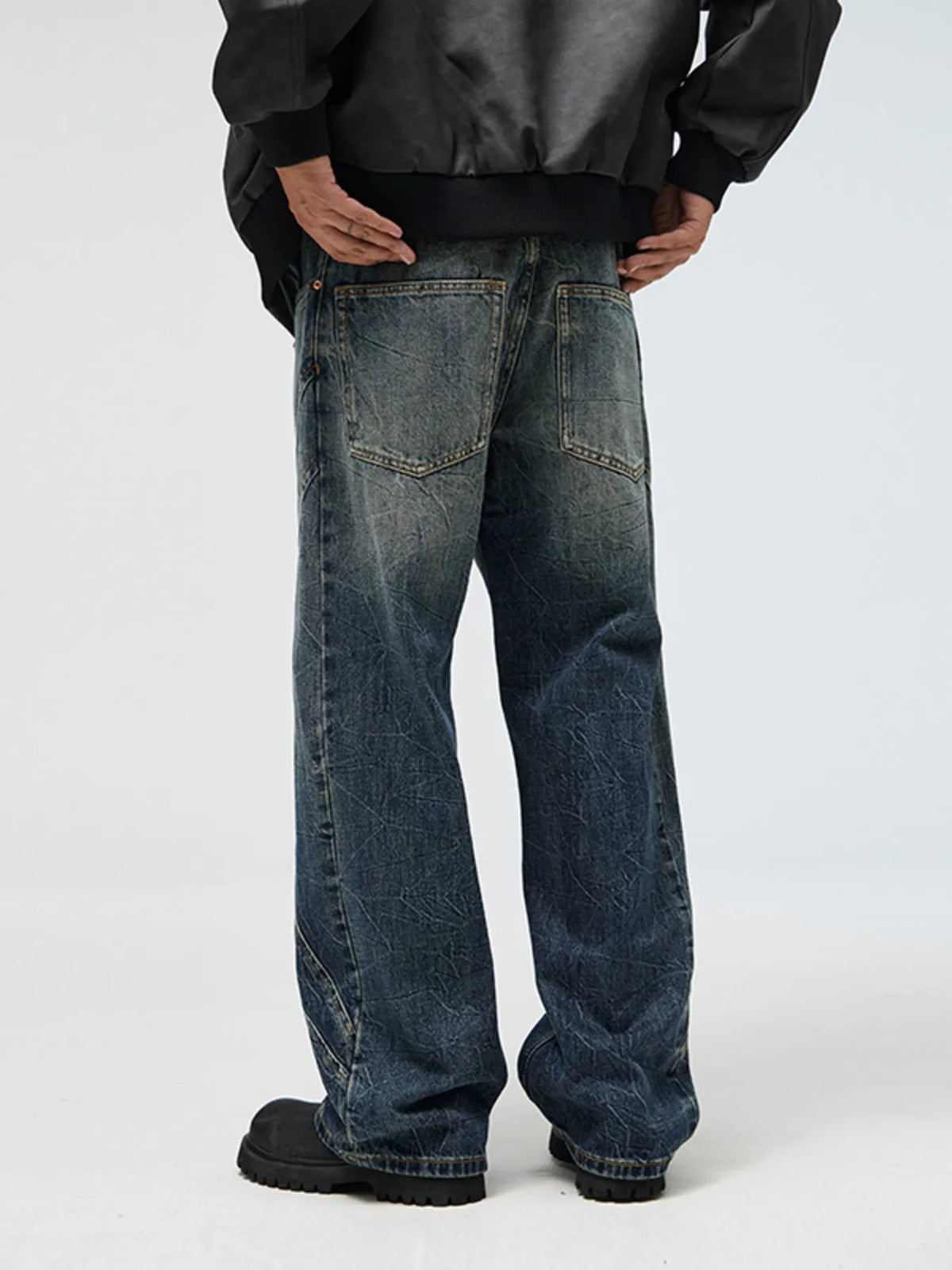 Men's wide-leg jeans, dark blue vintage wash denim with front pockets and belt loops