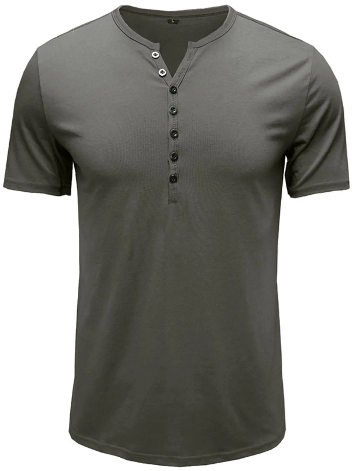 Dark gray henley short-sleeve polo shirt with button placket and V-neck opening