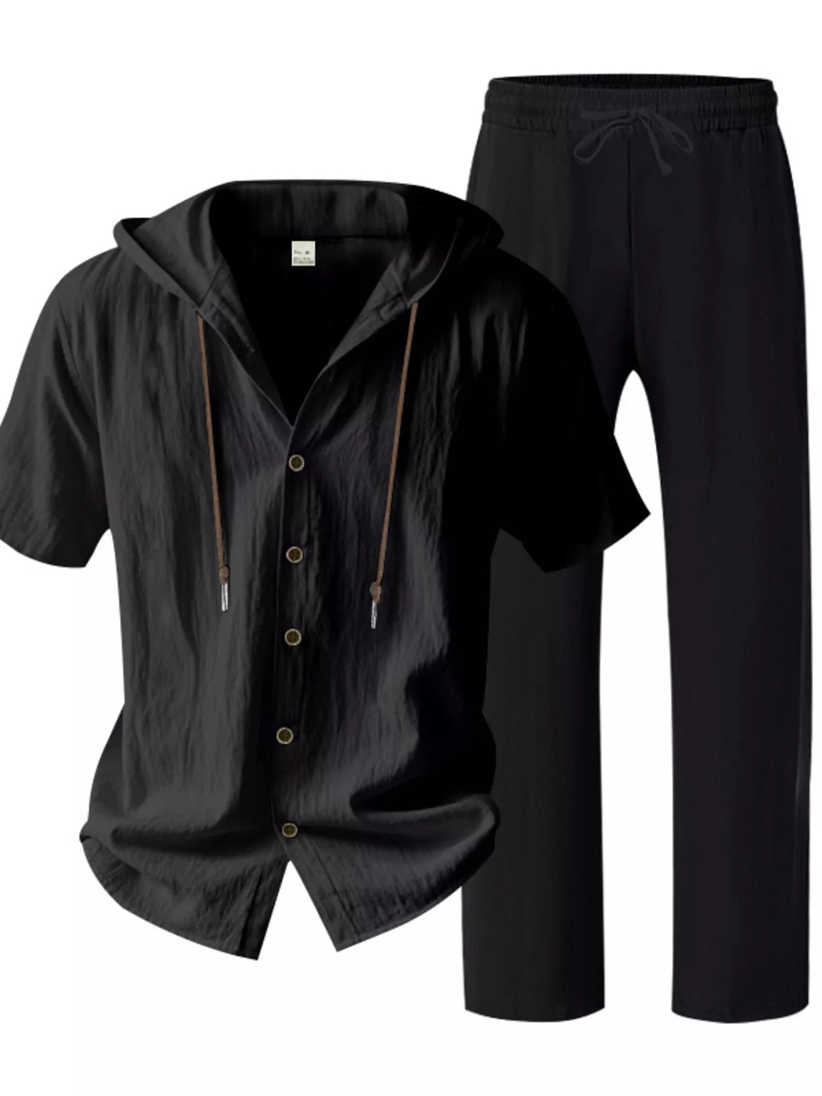 Mens linen hooded button-up short-sleeve top and pants set, black studio set